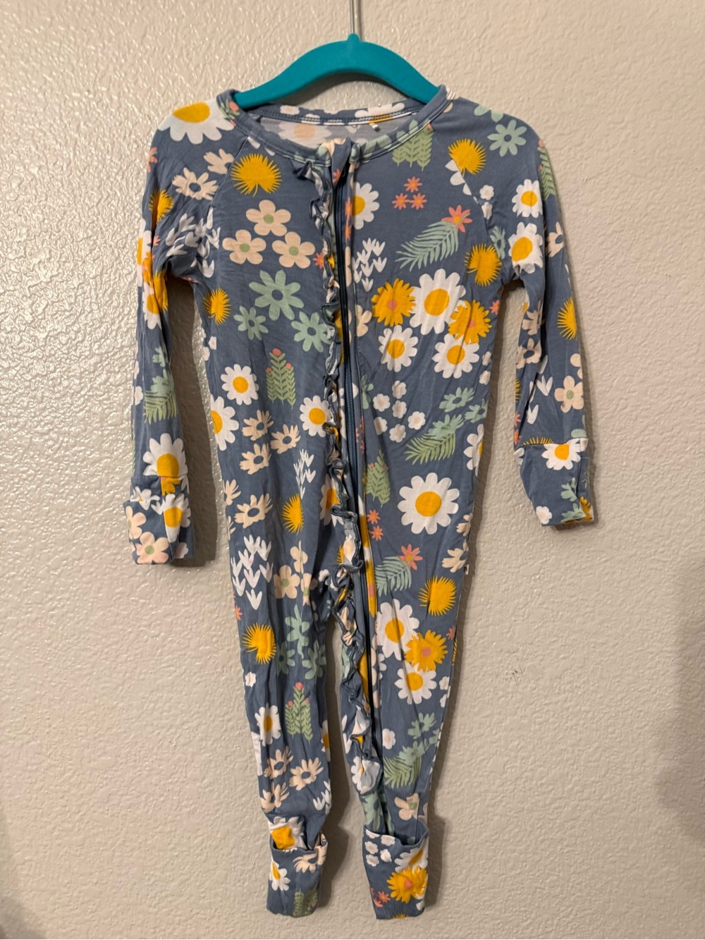 Floral Ruffle-Trim Kids One-Piece Romper — Blue with Yellow & White Flowers